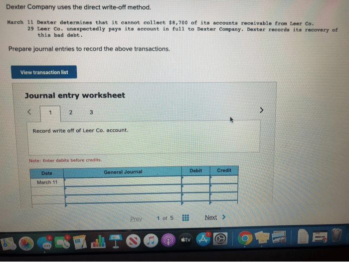 Write off company journal entry record account accounting attachment dexter method uses direct leer